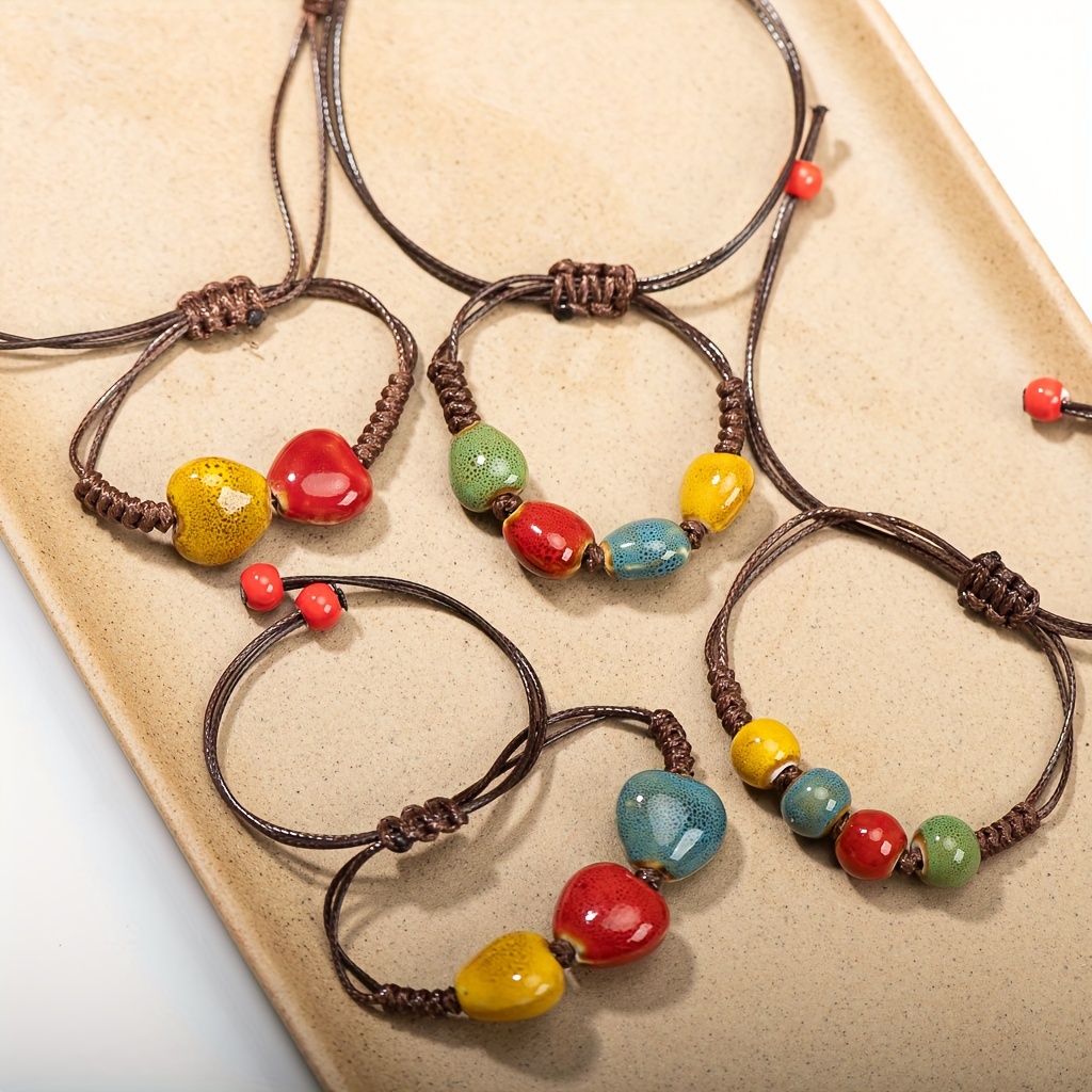 Bohemian Ceramic Heart Bracelet Handcrafted Woven Adjustable Band Ethnic Style